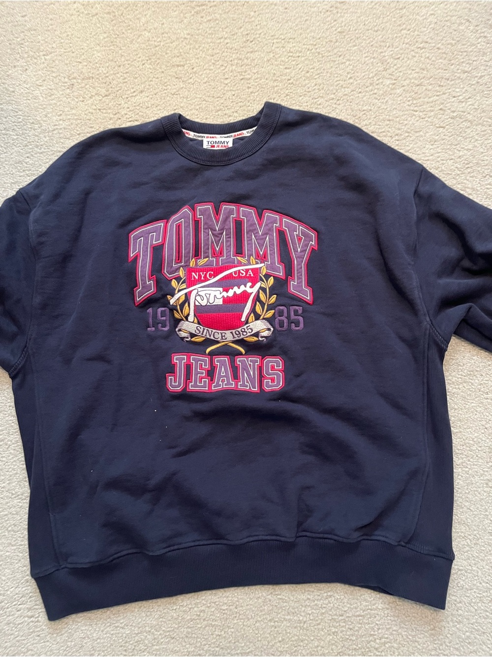 Tommy Hilfiger Navy Crewneck Sweatshirt with Red and Gold Crest